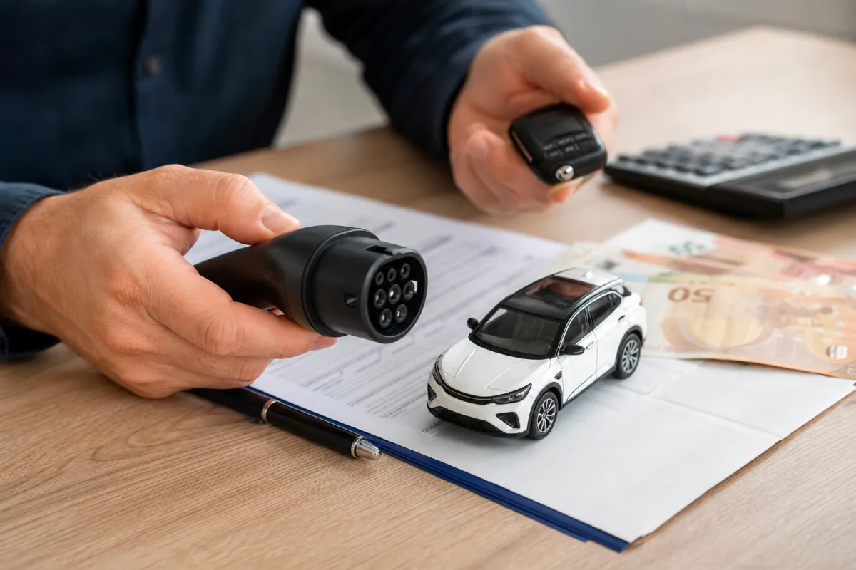 Aides pour l'achat d'une voiture électrique : ce que vous pouvez vraiment obtenir Main d'un acheteur tenant un document de demande de bonus écologique devant un véhicule électrique blanc