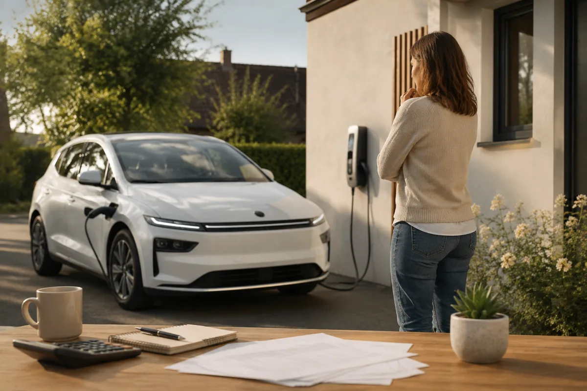 Rangée de voitures électriques neuves garées devant une concession automobile moderne sous ciel nuageux