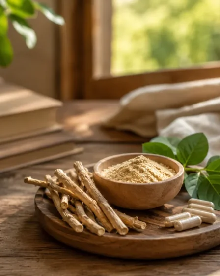Vue d'ensemble d'une plante d'ashwagandha avec ses baies rouges dans un champ ensoleillé