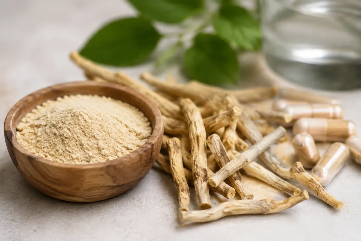 Ashwagandha et trouble anxieux généralisé : ce que dit vraiment la recherche Gros plan sur des racines séchées d'ashwagandha posées sur une surface en bois naturel