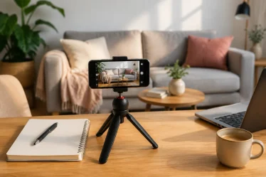 Jeune créateur filmant une vidéo TikTok dans un salon lumineux avec trépied et anneau lumineux