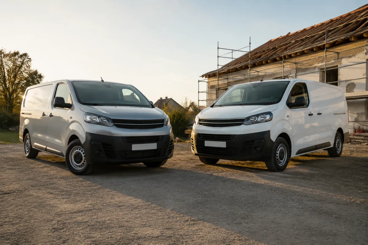 Deux fourgonnettes utilitaires garées côte à côte dans un parking de concession d'occasion