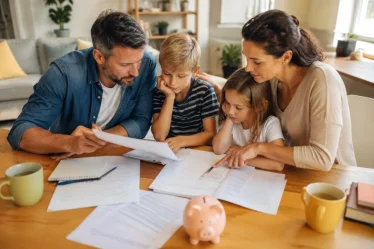 Famille de quatre personnes assise autour d'une table en train de comparer des documents d'assurance santé