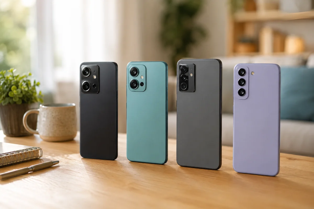 Vue d'ensemble de plusieurs smartphones milieu de gamme posés sur une table, objectifs orientés vers le haut
