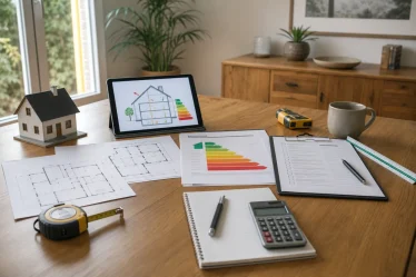 Professionnel présentant un rapport de bilan énergétique à des propriétaires dans un salon