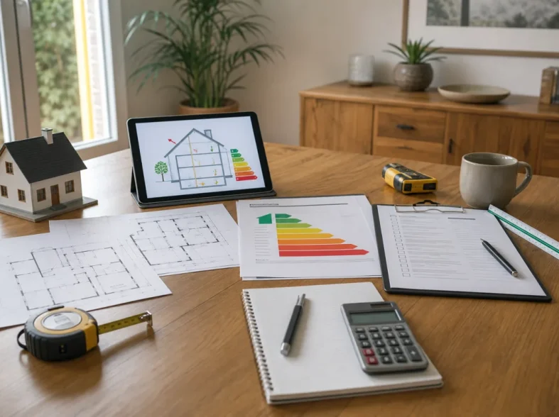 Professionnel présentant un rapport de bilan énergétique à des propriétaires dans un salon