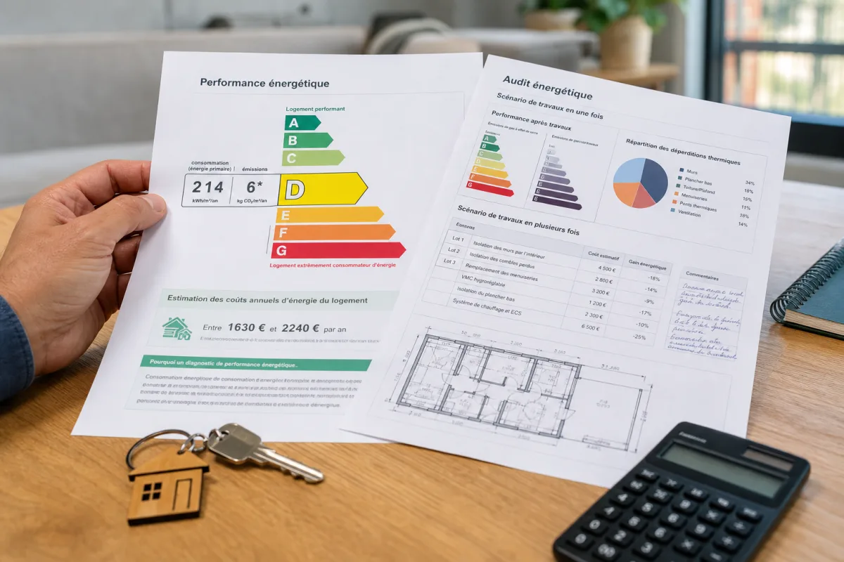 Audit énergétique et DPE : quelle différence et quand en avez-vous besoin ? Étiquette énergie apposée sur un document officiel de diagnostic immobilier