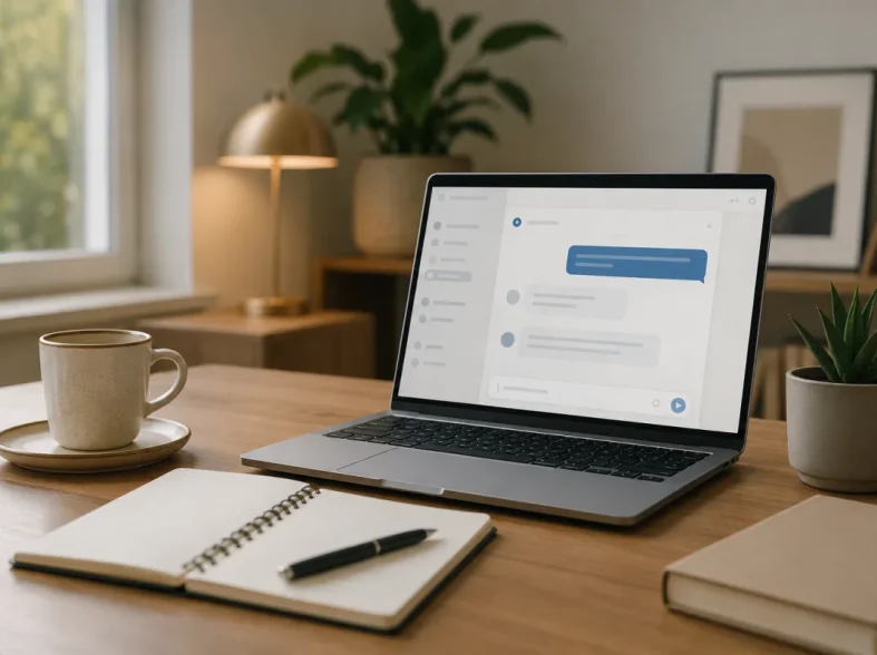 Une personne travaillant sur son ordinateur portable dans un bureau lumineux avec plusieurs écrans