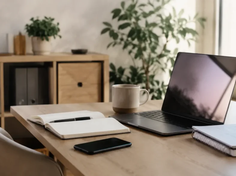 Travailleur indépendant à son bureau consultant des offres de mutuelle santé sur son ordinateur portable