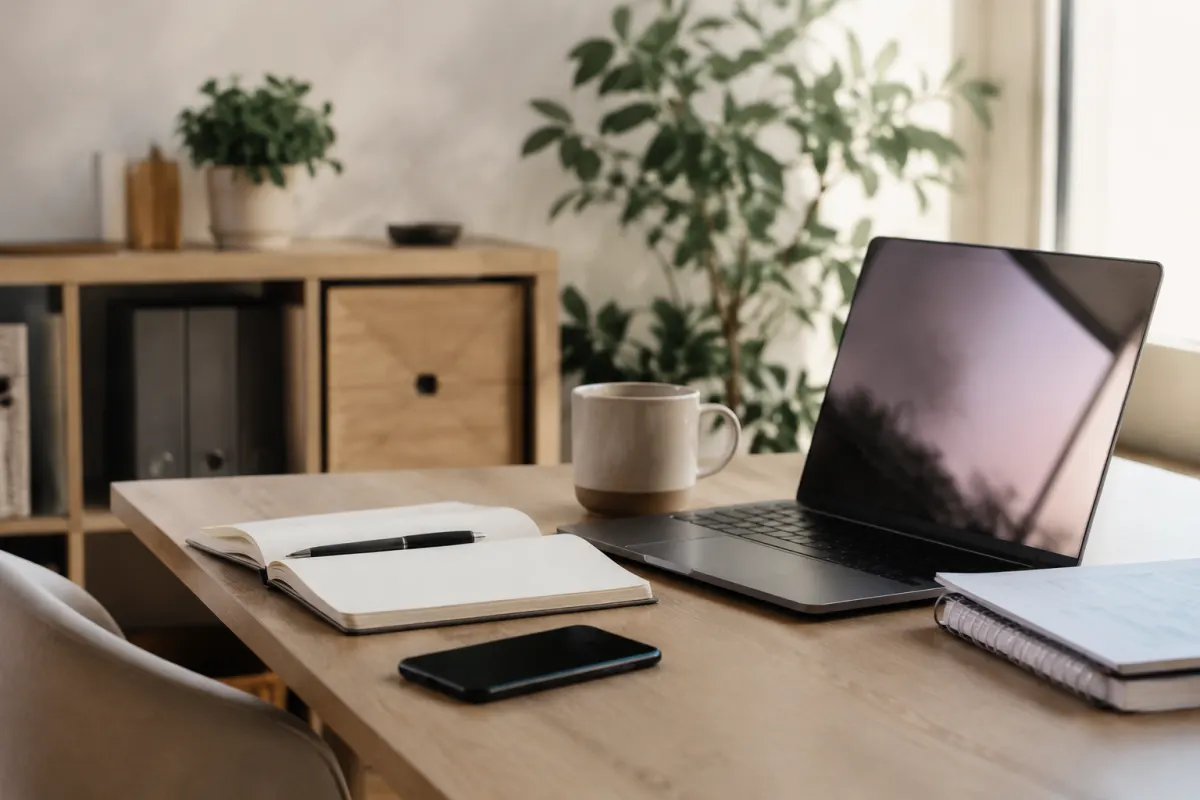 Travailleur indépendant à son bureau consultant des offres de mutuelle santé sur son ordinateur portable