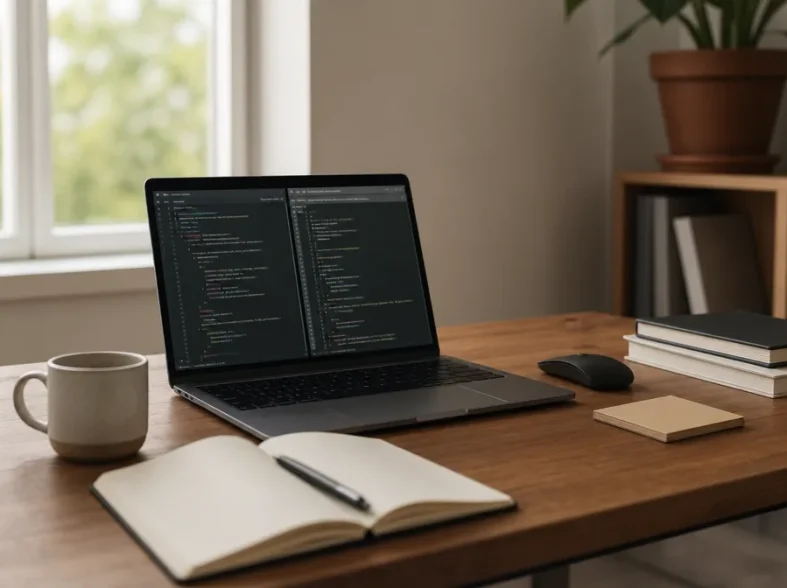 Vue d'ensemble d'un bureau moderne avec deux écrans affichant des lignes de code informatique complexes