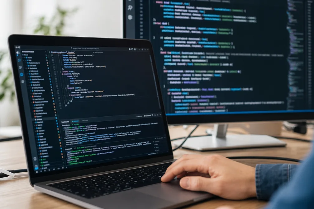 Gros plan sur un écran montrant un terminal de commande ouvert avec du code de programmation