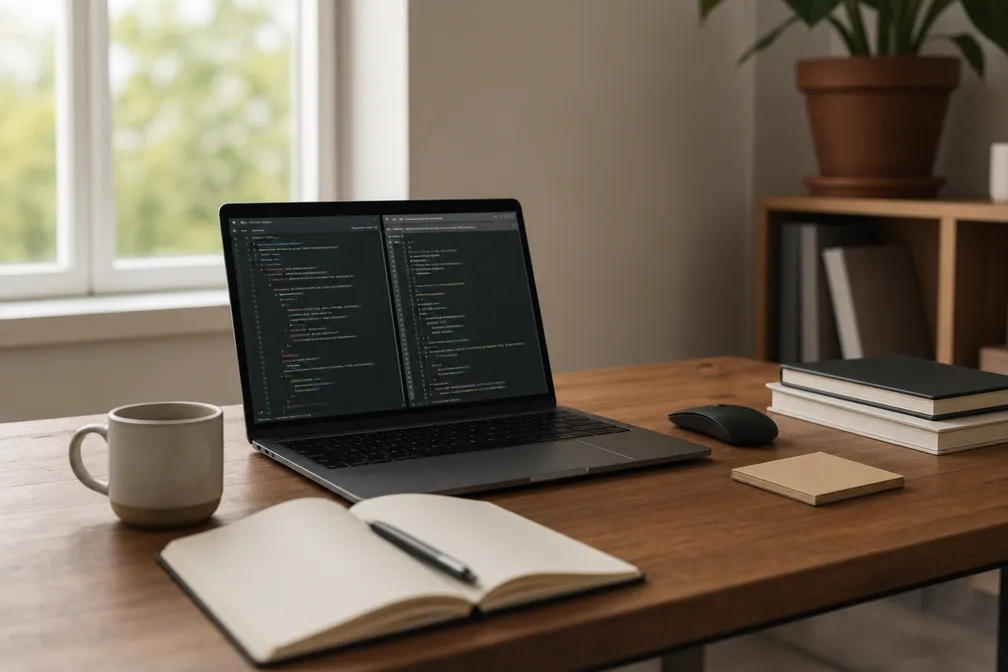 Vue d'ensemble d'un bureau moderne avec deux écrans affichant des lignes de code informatique complexes