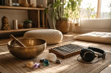 Personne allongée dans une pièce calme, casque audio sur les oreilles, lumière tamisée et bols tibétains posés au sol autour d'elle