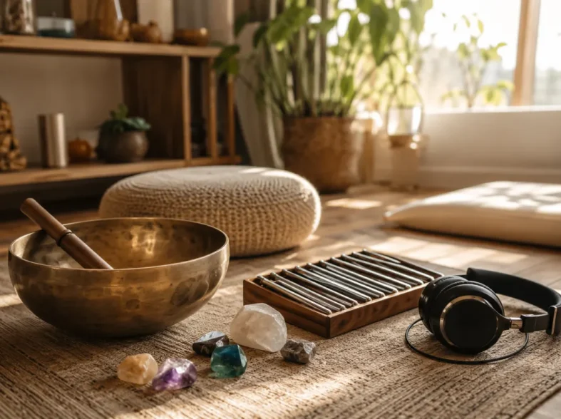 Personne allongée dans une pièce calme, casque audio sur les oreilles, lumière tamisée et bols tibétains posés au sol autour d'elle