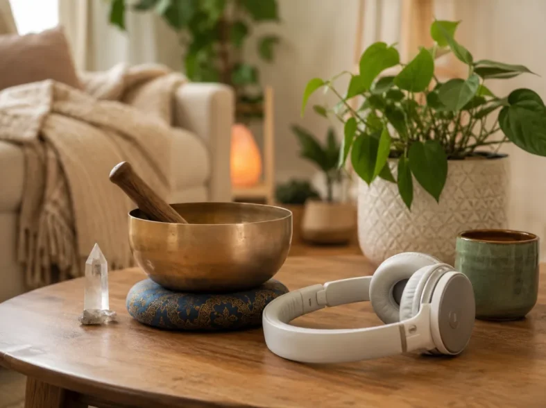 Femme allongée sur un tapis de yoga, casque sur les oreilles, dans une pièce lumineuse et apaisante