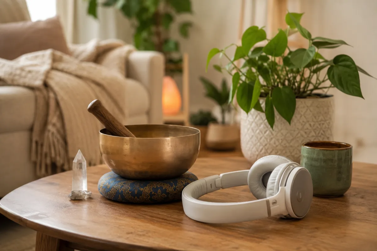 Femme allongée sur un tapis de yoga, casque sur les oreilles, dans une pièce lumineuse et apaisante