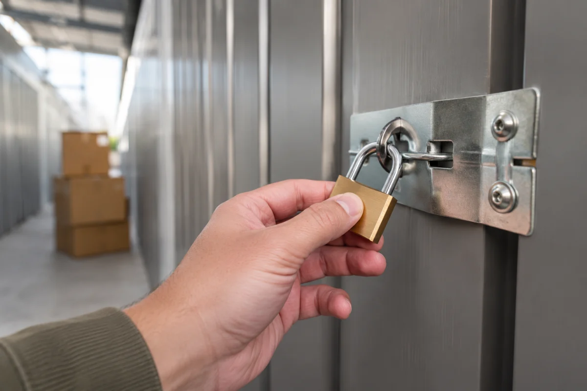 Gros plan sur la fermeture par cadenas renforcé d'une porte de box de stockage sécurisé