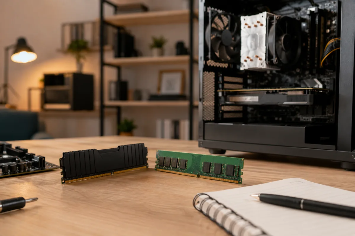 Vue d'ensemble de plusieurs barrettes de RAM installées sur une carte mère dans un PC de bureau ouvert