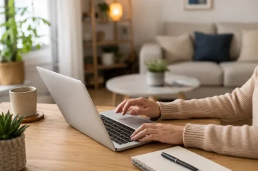 Personne assise à un bureau consultant des offres de mutuelle santé sur un ordinateur portable dans un appartement lumineux