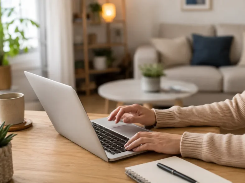Personne assise à un bureau consultant des offres de mutuelle santé sur un ordinateur portable dans un appartement lumineux