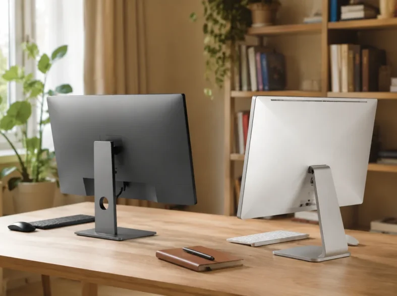 Vue d'ensemble d'un bureau équipé d'un ordinateur de bureau Asus et d'un Dell côte à côte