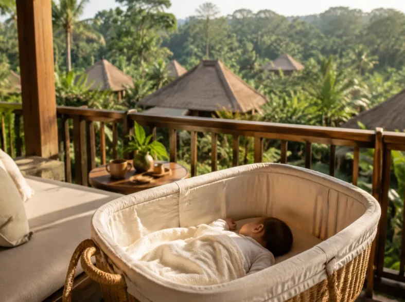 Famille avec nourrisson sous un parasol face aux rizières verdoyantes de Bali en matinée