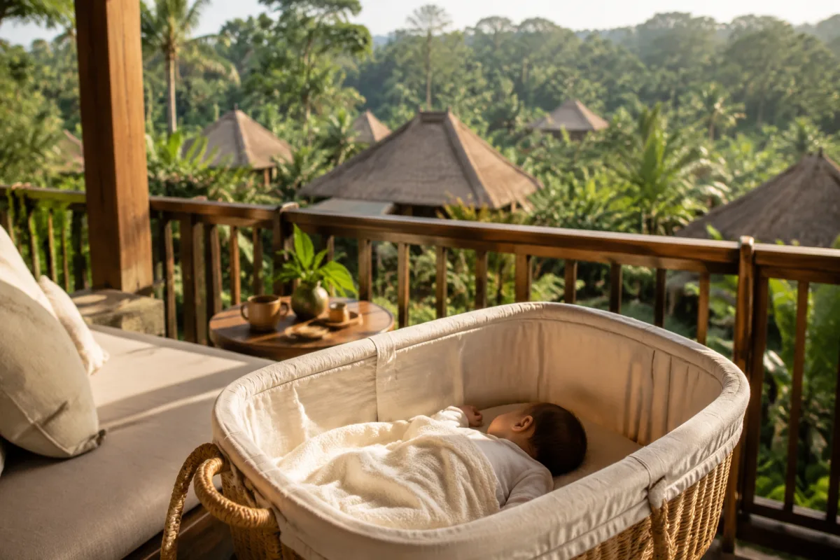 Famille avec nourrisson sous un parasol face aux rizières verdoyantes de Bali en matinée