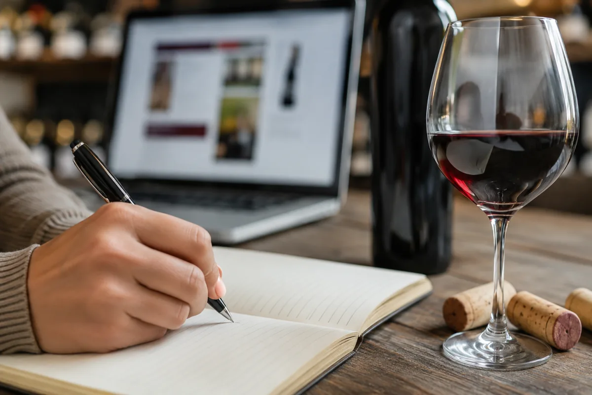 Quelle formation en œnologie à distance choisir selon vos besoins Gros plan sur une fiche de dégustation annotée à côté d'un verre de vin rouge