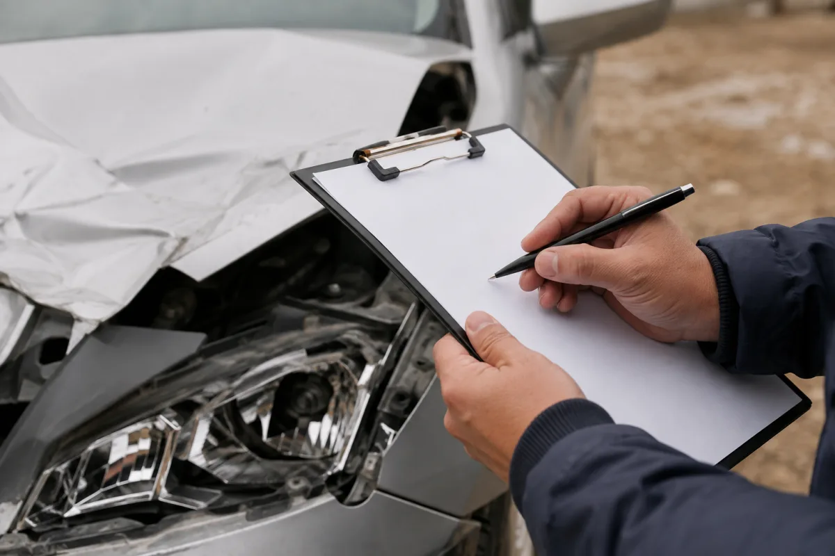 Gros plan sur le rapport rédigé par un expert automobile posé sur un capot chiffrant les dégâts