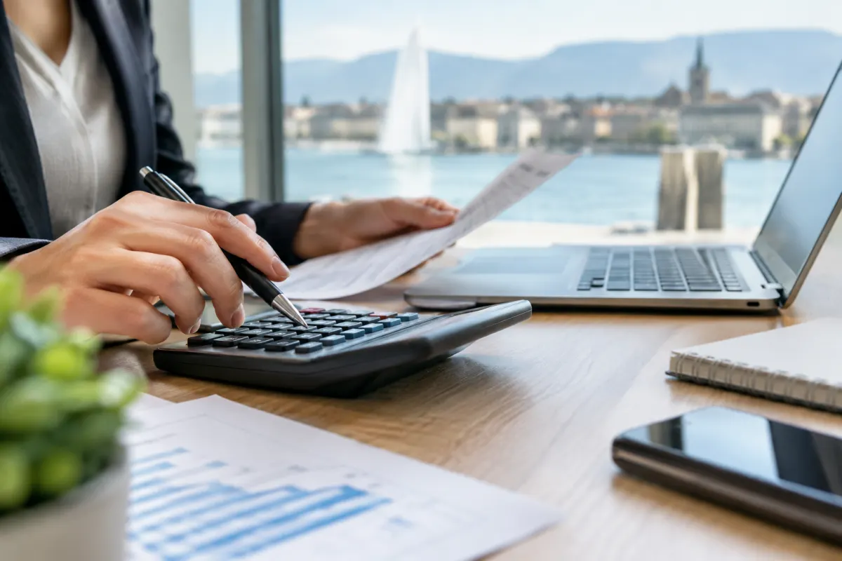 Gros plan sur les doigts d'un comptable calculant des montants sur une calculette financière